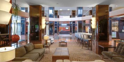 Lobby and coworking lounge at Hilton Newark Airport.