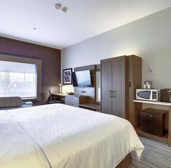 Spacious delux king room with TV and work desk at Holiday Inn Express & Suites Airport-Calgary.