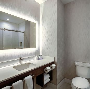 Private guest bathroom with shower at Holiday Inn Express & Suites Airport-Calgary.