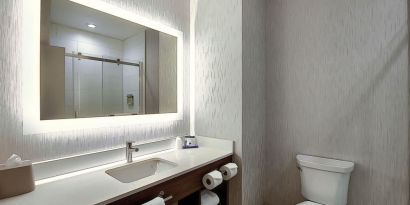 Private guest bathroom with shower at Holiday Inn Express & Suites Airport-Calgary.