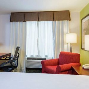 Guest room in Hilton Garden Inn Queens/JFK Airport with armchair and window.