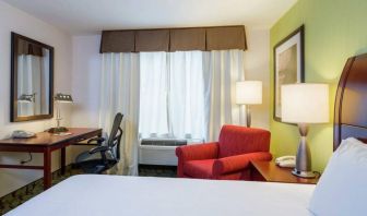 Guest room in Hilton Garden Inn Queens/JFK Airport with armchair and window.