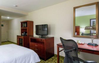 Hilton Garden Inn Queens/JFK Airport guest room with large bed and a workspace desk and chair.