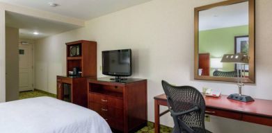 Hilton Garden Inn Queens/JFK Airport guest room with large bed and a workspace desk and chair.