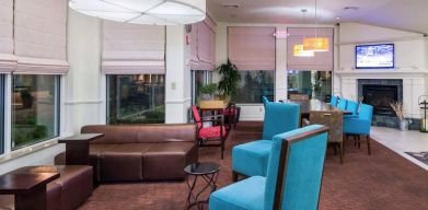 The lounge in the hotel lobby offers comfortable seating on chairs and sofas, with a large TV nearby.