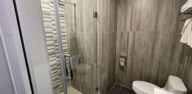 Ensuite bathroom facilities at King Hotel Brooklyn, including lavatory, shower, and sink.