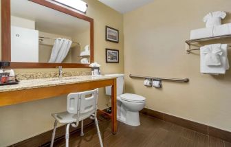 Private guest bathroom with shower at Comfort Inn & Suites Sea-Tac Airport.