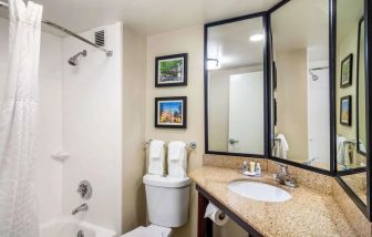 Private guest bathroom with shower at Comfort Inn Atlanta Airport.