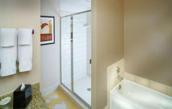 Private guest bathroom with shower at Doubletree Hotel Chicago O'Hare Airport-Rosemont.