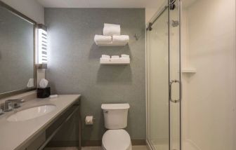 Private guest bathroom with shower at Hilton Garden Inn Pittsburgh Airport.