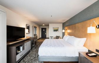 Delux king bed with TV and business desk at Holiday Inn Newark International Airport-North.