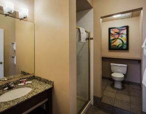 Private guest bathroom with shower at Ramada by Wyndham Vancouver Downtown.