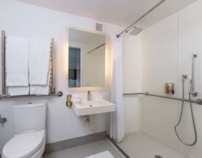 Private guest bathroom with shower at YOTEL New York.