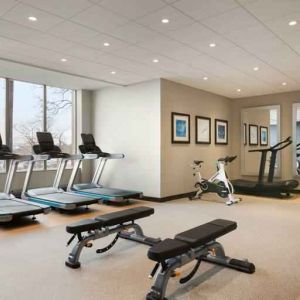 Fully equipped fitness center with window view at the Embassy Suites by Hilton Toronto Airport.