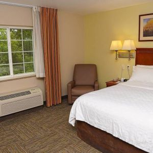 Double bed guest room in Candlewood Suites Boise, with window, armchair, and TV.