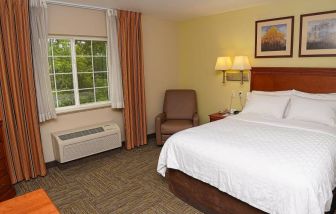 Double bed guest room in Candlewood Suites Boise, with window, armchair, and TV.