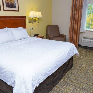 Candlewood Suites Boise guest room, featuring double bed, chair, and window.