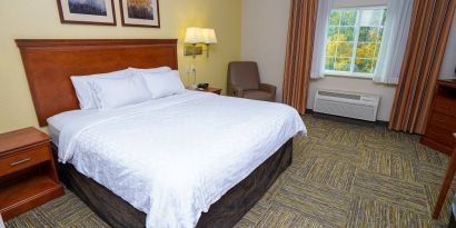 Candlewood Suites Boise guest room, featuring double bed, chair, and window.