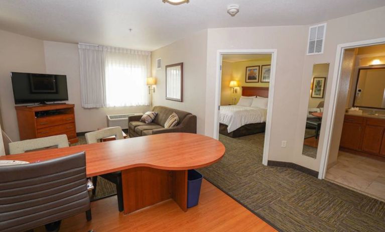 Guest room in Candlewood Suites Boise, with a workspace desk and chair.