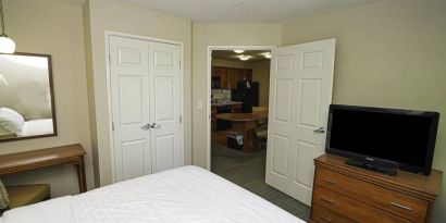 Candlewood Suites Meridian guest room featuring TV and a kitchenette area.