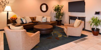 The hotel’s lounge in the lobby has comfortable seating, potted plants, and a widescreen TV.