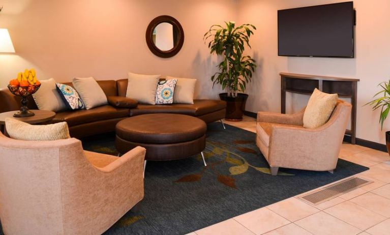 The hotel’s lounge in the lobby has comfortable seating, potted plants, and a widescreen TV.