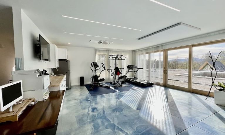 Fitness center with treadmill and weights at Skylaranna Hotel and Resort.