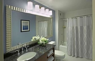 Private guest bathroom with shower at Hyatt Regency Buffalo Hotel And Conference Center.