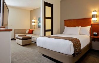 Delux king bed with TV and business desk at Hyatt Place Chicago/Lombard/Oak BRK.