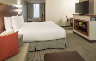 Delux king bed with TV and business desk at Hyatt Place Houston – North.