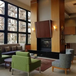 Comfy seats and coffee tables are present in the hotel’s lobby lounge.