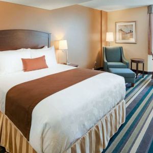 Double bed guest room in Best Western Plus Winnipeg Airport, featuring window, armchair, and foot stool.