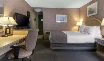 Quality Inn Hotel Medicine Hat guest room, featuring double bed, and workspace desk and chair.