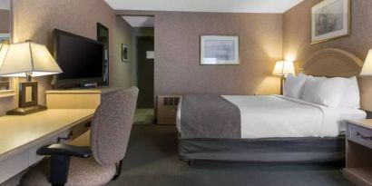 Quality Inn Hotel Medicine Hat guest room, featuring double bed, and workspace desk and chair.