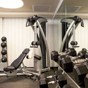 The Hotel 48LEX New York’s fitness center, with weights and exercise machinery.