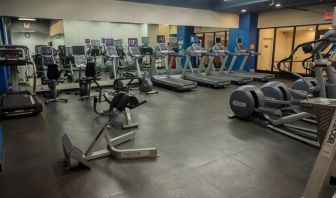 The hotel fitness center, featuring dozens of exercise machines.