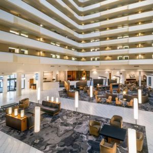 Lobby and coworking lounge at Houston Marriott South At Hobby Airport.