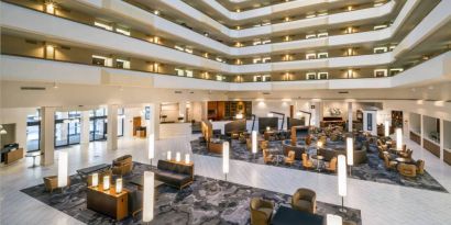 Lobby and coworking lounge at Houston Marriott South At Hobby Airport.