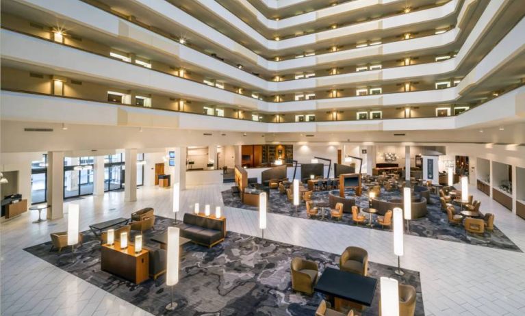 Lobby and coworking lounge at Houston Marriott South At Hobby Airport.