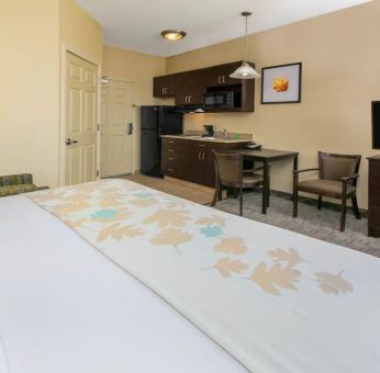 King bedroom with TV and kitchette at Hawthorn Suites By Wyndham Longview.