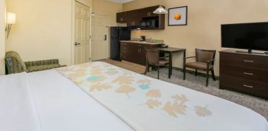 King bedroom with TV and kitchette at Hawthorn Suites By Wyndham Longview.