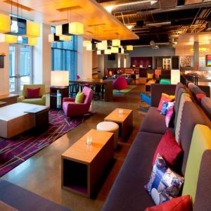 Lobby and coworking lounge at Aloft SFO.