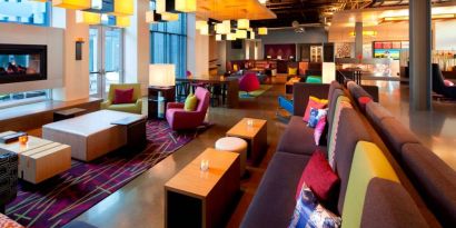 Lobby and coworking lounge at Aloft SFO.