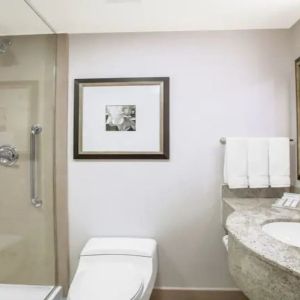 Private guest bathroom with shower at Hilton Garden Inn New York/West 35th Street.