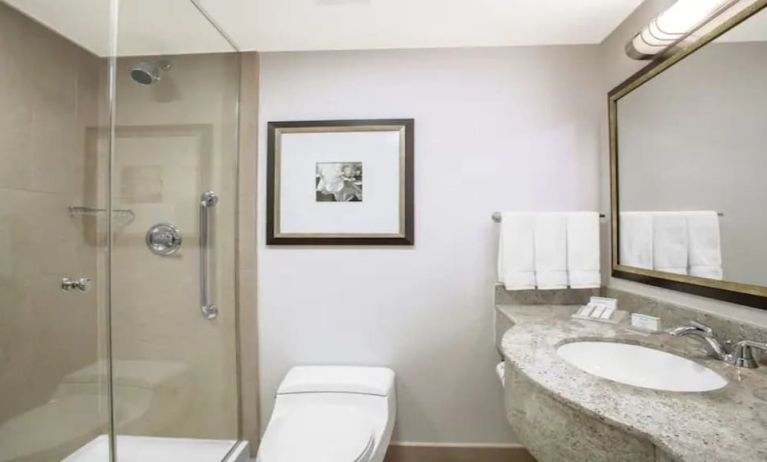 Private guest bathroom with shower at Hilton Garden Inn New York/West 35th Street.