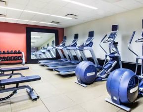 The hotel fitness center, with weights, benches, and exercise machines.