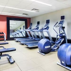 The hotel fitness center, with weights, benches, and exercise machines.