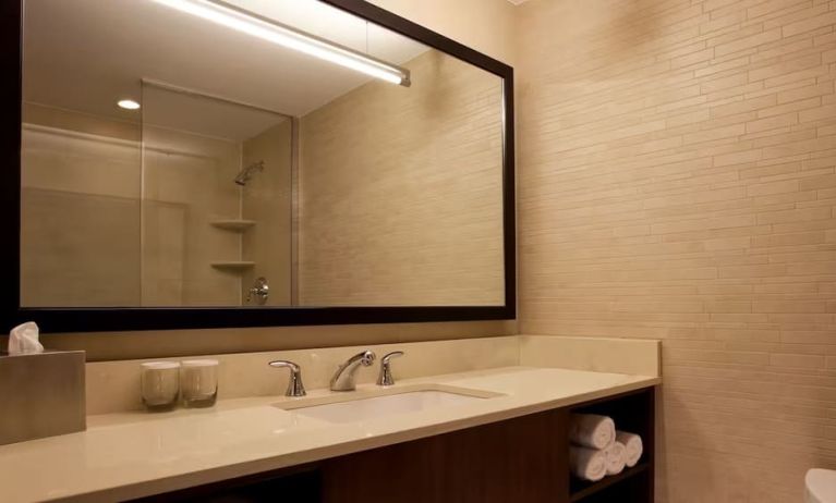 Private guest bathroom at Hilton New York Fashion District.