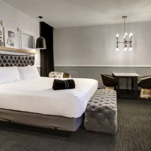 Spacious delux room with TV and seating area at The Rose Hotel Chicago O’Hare, Tapestry Collection By Hilton.