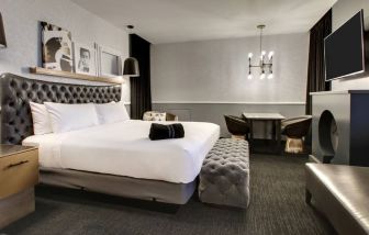 Spacious delux room with TV and seating area at The Rose Hotel Chicago O’Hare, Tapestry Collection By Hilton.